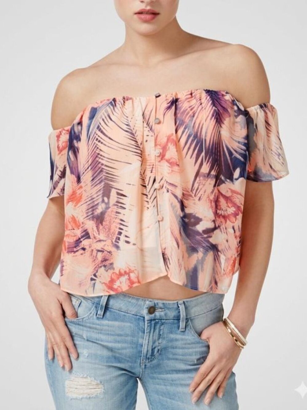 Guess Strapless Tropical Print Corset Crop Top S